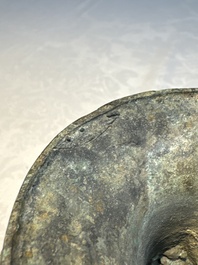 A Chinese archaic bronze food vessel and cover with 'Leiwen' and bosses design, 'Dou 豆', Eastern Zhou