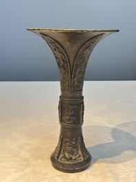A Chinese archaistic bronze vase with Chilong design, 'Gu 觚', Ming