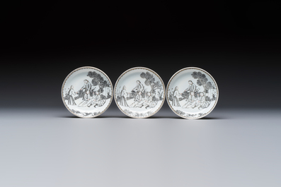 Four Chinese grisaille 'Western subject' cups and nine saucers, Qianlong