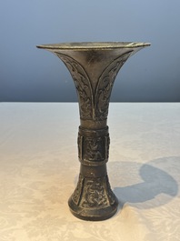 A Chinese archaistic bronze vase with Chilong design, 'Gu 觚', Ming