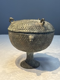 A Chinese archaic bronze food vessel and cover with 'Leiwen' and bosses design, 'Dou 豆', Eastern Zhou