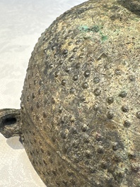 A Chinese archaic bronze food vessel and cover with 'Leiwen' and bosses design, 'Dou 豆', Eastern Zhou