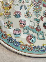 A pair of Chinese famille rose 'Antiquities' covered vases and a dish, 19th C.