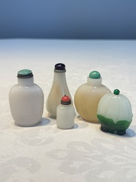 Five Chinese white jade and glass snuff bottles, 19/20th C.