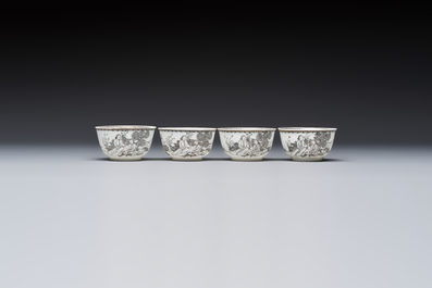 Four Chinese grisaille 'Western subject' cups and nine saucers, Qianlong