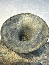 A Chinese archaic bronze food vessel and cover with 'Leiwen' and bosses design, 'Dou 豆', Eastern Zhou