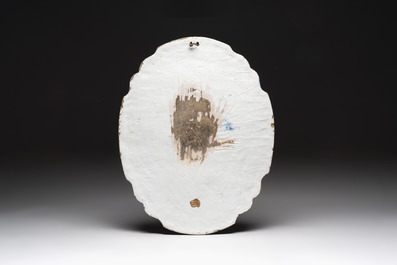 A large blue and white Dutch Delft plaque with the biblical scene of Abigail and David, 18th C.