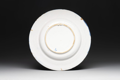 A blue and white Dutch Delft chinoiserie dish, 17th C.