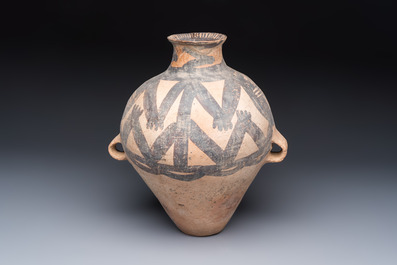 A Chinese painted pottery jar with zigzag design, Neolithic period, Majiayao culture, 3rd millennium B.C.
