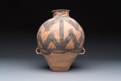 A Chinese painted pottery jar with zigzag design, Neolithic period, Majiayao culture, 3rd millennium B.C.