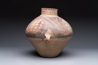A Chinese painted pottery jar with geometric design, Neolithic period, Majiayao culture, 3rd millennium B.C.