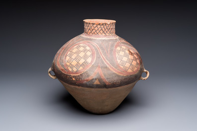 A Chinese painted pottery jar with geometric design, Neolithic period, Majiayao culture, 3rd millennium B.C.