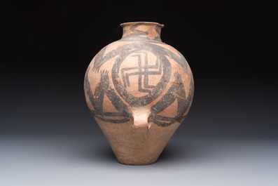 A Chinese painted pottery jar with zigzag design, Neolithic period, Majiayao culture, 3rd millennium B.C.