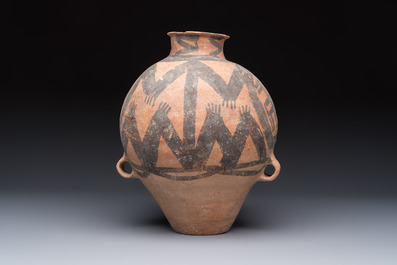 A Chinese painted pottery jar with zigzag design, Neolithic period, Majiayao culture, 3rd millennium B.C.