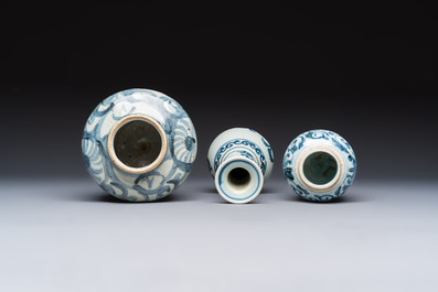 Two Chinese blue and white jars, Ming, and a Japanese blue and white vase, possibly Edo, 18th C.
