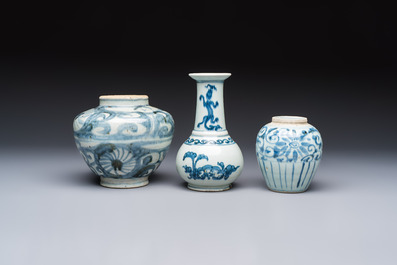 Two Chinese blue and white jars, Ming, and a Japanese blue and white vase, possibly Edo, 18th C.
