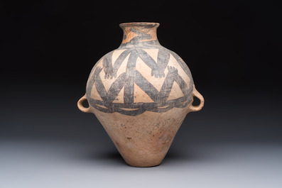 A Chinese painted pottery jar with zigzag design, Neolithic period, Majiayao culture, 3rd millennium B.C.