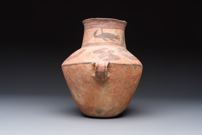 A Chinese painted pottery jar with handles, Late Bronze Age, Xindian culture, 13/10th C. B.C.