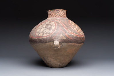A Chinese painted pottery jar with geometric design, Neolithic period, Majiayao culture, 3rd millennium B.C.