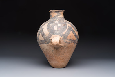 A Chinese painted pottery jar with zigzag design, Neolithic period, Majiayao culture, 3rd millennium B.C.
