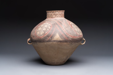 A Chinese painted pottery jar with geometric design, Neolithic period, Majiayao culture, 3rd millennium B.C.