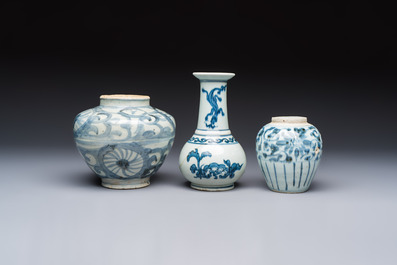 Two Chinese blue and white jars, Ming, and a Japanese blue and white vase, possibly Edo, 18th C.