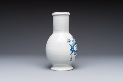 Five blue and white Dutch Delft and Brussels faience drug jars, 18th C.