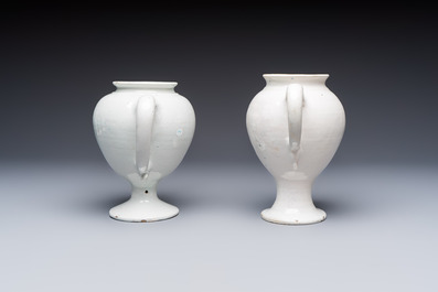 Five blue and white Dutch Delft and Brussels faience drug jars, 18th C.