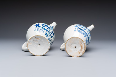 Five blue and white Dutch Delft and Brussels faience drug jars, 18th C.