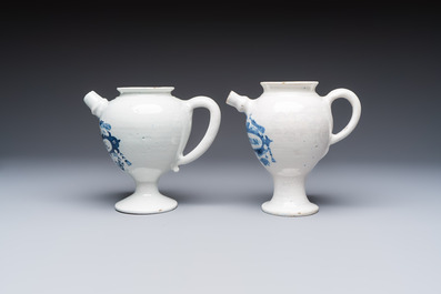 Five blue and white Dutch Delft and Brussels faience drug jars, 18th C.
