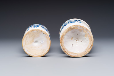 Five blue and white Dutch Delft and Brussels faience drug jars, 18th C.