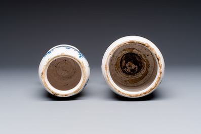 Five blue and white Dutch Delft and Brussels faience drug jars, 18th C.