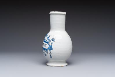 Five blue and white Dutch Delft and Brussels faience drug jars, 18th C.