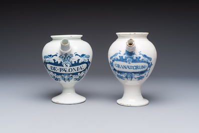 Five blue and white Dutch Delft and Brussels faience drug jars, 18th C.