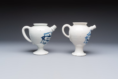 Five blue and white Dutch Delft and Brussels faience drug jars, 18th C.