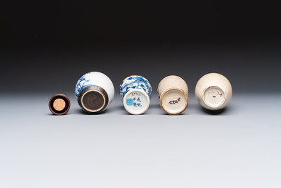 Three Chinese Nanking crackle-glazed vases, a blue and white vase, a bowl and a jar with a wooden cover, Yongzheng and Chenghua marks, 19th C.