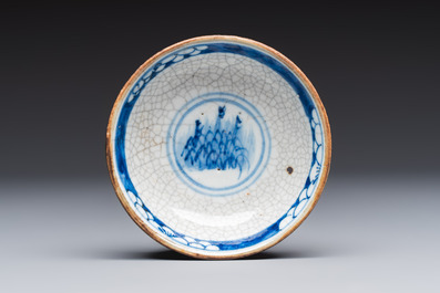 Three Chinese Nanking crackle-glazed vases, a blue and white vase, a bowl and a jar with a wooden cover, Yongzheng and Chenghua marks, 19th C.