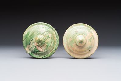Three Chinese sancai-glazed pottery jars, two with cover, Ming or earlier