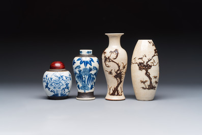 Three Chinese Nanking crackle-glazed vases, a blue and white vase, a bowl and a jar with a wooden cover, Yongzheng and Chenghua marks, 19th C.