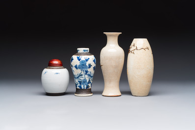 Three Chinese Nanking crackle-glazed vases, a blue and white vase, a bowl and a jar with a wooden cover, Yongzheng and Chenghua marks, 19th C.