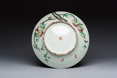 A large Chinese famille rose 'Nine Peaches' dish, Qianlong mark, 20th C.