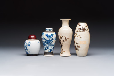Three Chinese Nanking crackle-glazed vases, a blue and white vase, a bowl and a jar with a wooden cover, Yongzheng and Chenghua marks, 19th C.