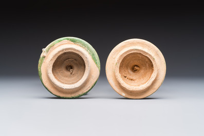 Three Chinese sancai-glazed pottery jars, two with cover, Ming or earlier