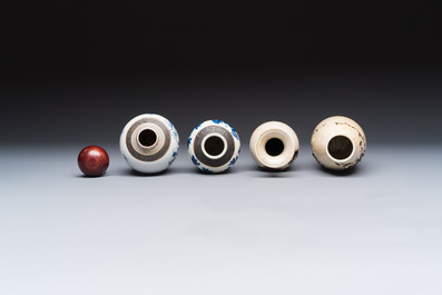 Three Chinese Nanking crackle-glazed vases, a blue and white vase, a bowl and a jar with a wooden cover, Yongzheng and Chenghua marks, 19th C.