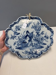 A blue and white Dutch Delft 'Chinoiserie' plaque with an elegant lady, 18th C.