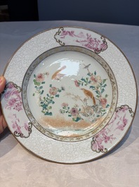Two Chinese famille rose 'Magpie and Peony' plates with bianco-sopra-bianco rims, Yongzheng