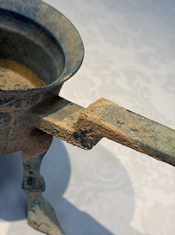 A Chinese archaic bronze food warming vessel, 'Jiao Dou 鐎斗', Han