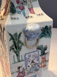 A Chinese famille rose square vase with narrative design, 19th C.