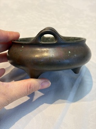 A Chinese bronze handled tripod censer, Yu Tang Jing Wan 玉堂精玩 mark, 17th C.