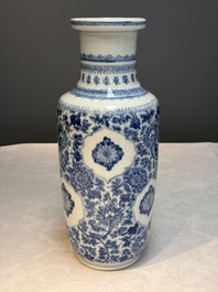 A Chinese blue and white rouleau vase with floral design, Kangxi
